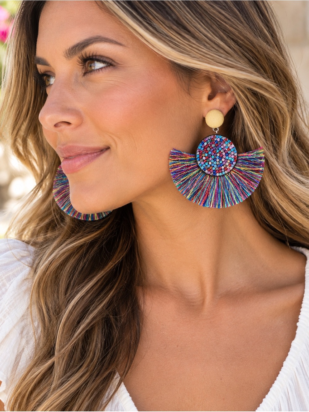 Multicolor Fringe Crystal Disc Clip On Statement Earrings
